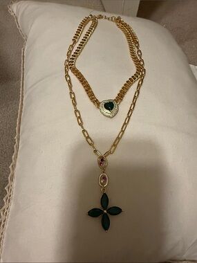 Gold-Tone Layered Necklace with Emerald and Pink Stone Accents